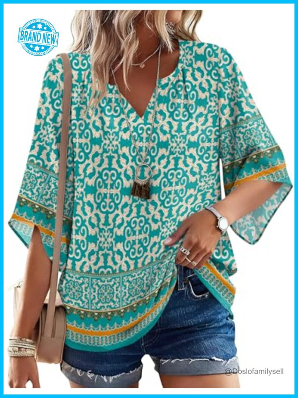 LOMON Women's 3/4 Sleeve Boho Tunic Top V Neck Loose Fit Peasant Blouse
